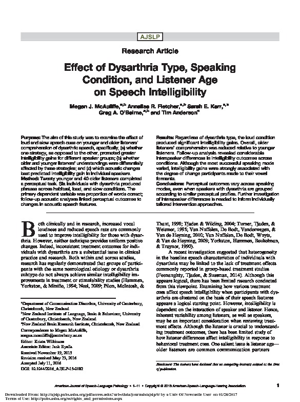 Download Effect of dysarthria type, speaking condition, and listener age on speech intelligibility.