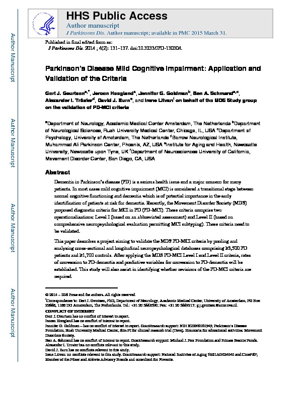 Download Parkinson’s Disease Mild Cognitive Impairment: Application and Validation of the Criteria.