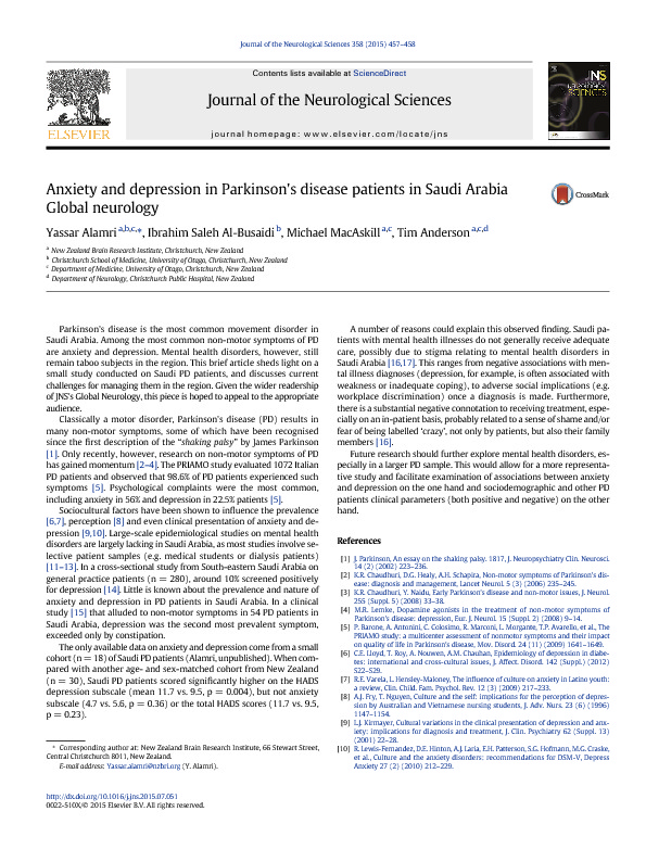 Download Anxiety and depression in Parkinson’s disease patients in Saudi Arabia Global neurology.