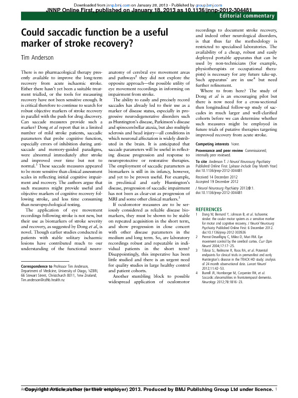 Download Could saccadic function be a useful marker of stroke recovery?