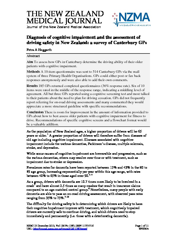 Download Diagnosis of cognitive impairment and the assessment of driving safety in New Zealand: a survey of Canterbury GPs.