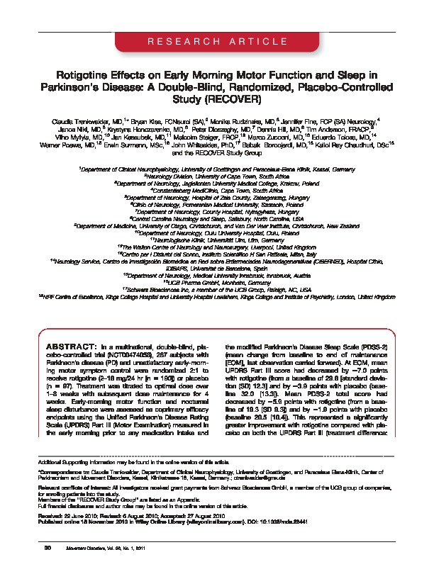 Download Rotigotine effects on early morning motor function and sleep in Parkinson's disease: A double-blind, randomized, placebo-controlled study (RECOVER).