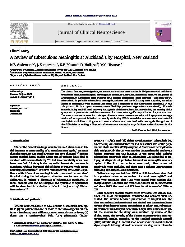 Download A review of tuberculous meningitis at Auckland City Hospital, New Zealand.