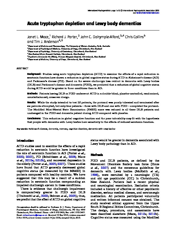 Download Acute tryptophan depletion and Lewy body dementias.