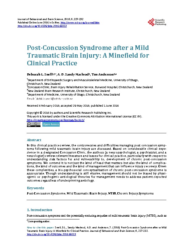 Download Post-concussion syndrome after a mild traumatic brain injury: a minefield for clinical practice.