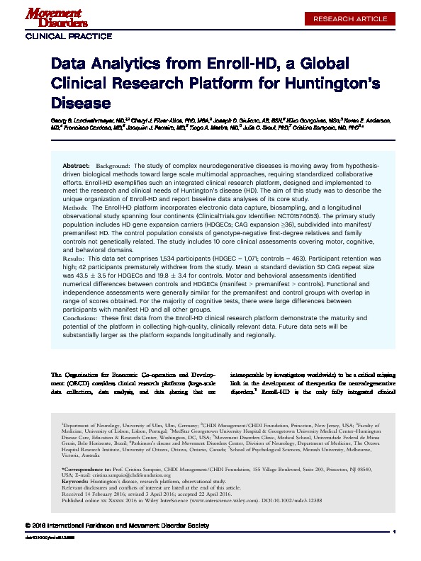 Download Data analytics from Enroll-HD, a global clinical research platform for Huntington’s disease.