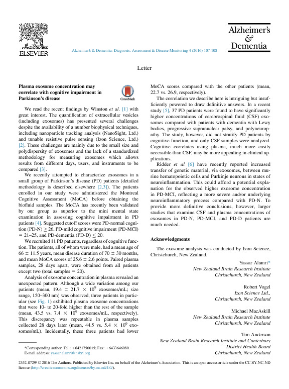 Download Plasma exosome concentration may correlate with cognitive impairment in Parkinson’s disease.