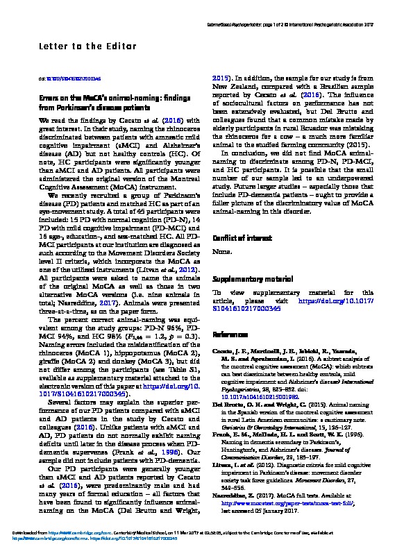 Download Errors on the MoCA's animal-naming: findings from Parkinson’s disease patients.