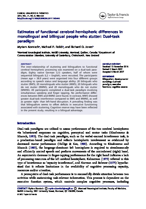 Download Estimates of functional cerebral hemispheric differences in monolingual and bilingual people who stutter: Dual-task paradigm.