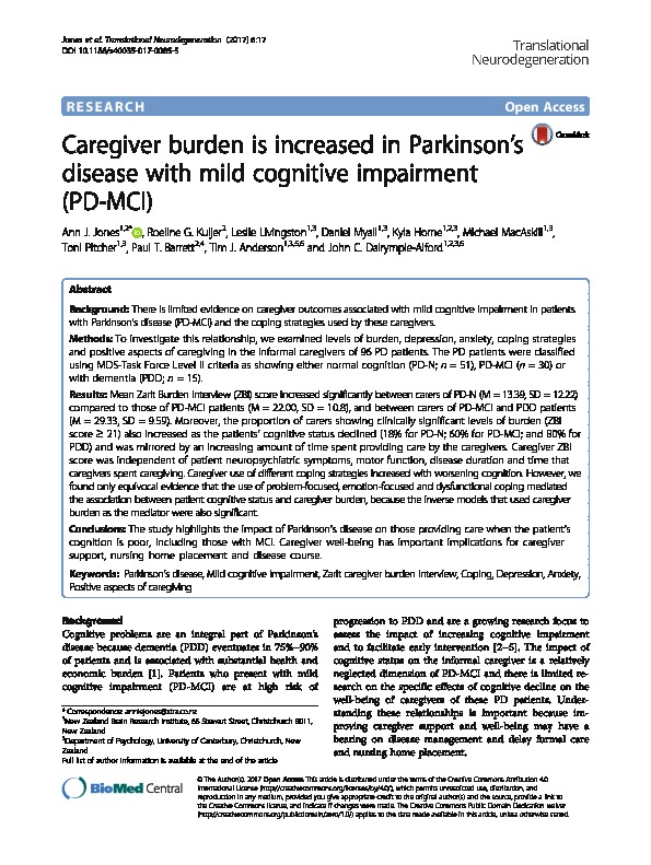 Download Caregiver burden is increased in Parkinson’s disease with mild cognitive impairment (PD-MCI).
