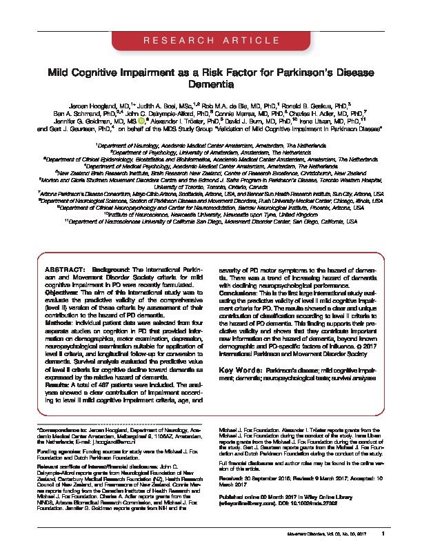 Download Mild cognitive impairment as a risk factor for Parkinson’s disease dementia.