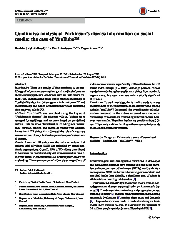 Download Qualitative analysis of Parkinson’s disease information on social media: the case of YouTube™.