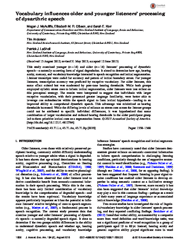 Download Vocabulary influences older and younger listeners' processing of dysarthric speech.