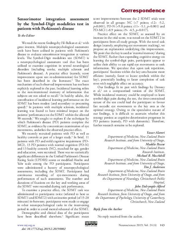 Download Sensorimotor integration assessment by the Symbol-Digit modalities test in patients with Parkinson’s disease.