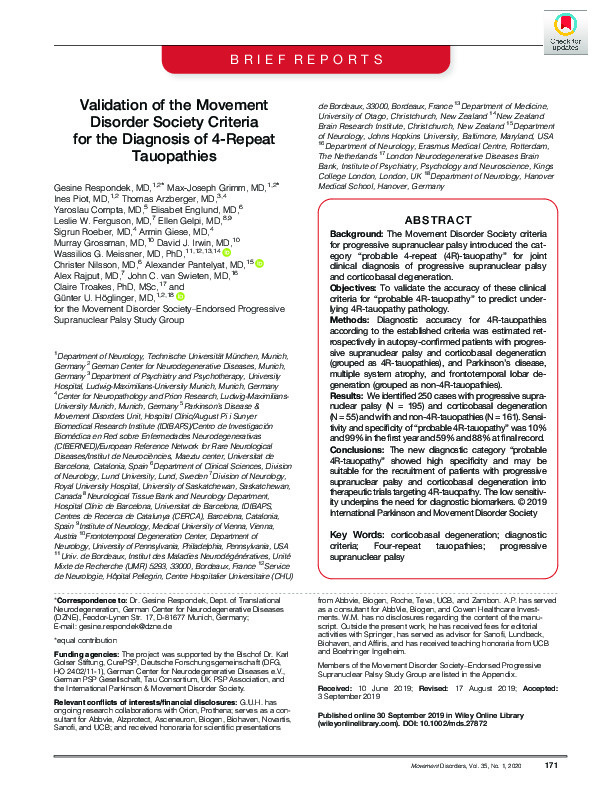 Download Validation of the Movement Disorder Society criteria for the diagnosis of 4‐repeat tauopathies.