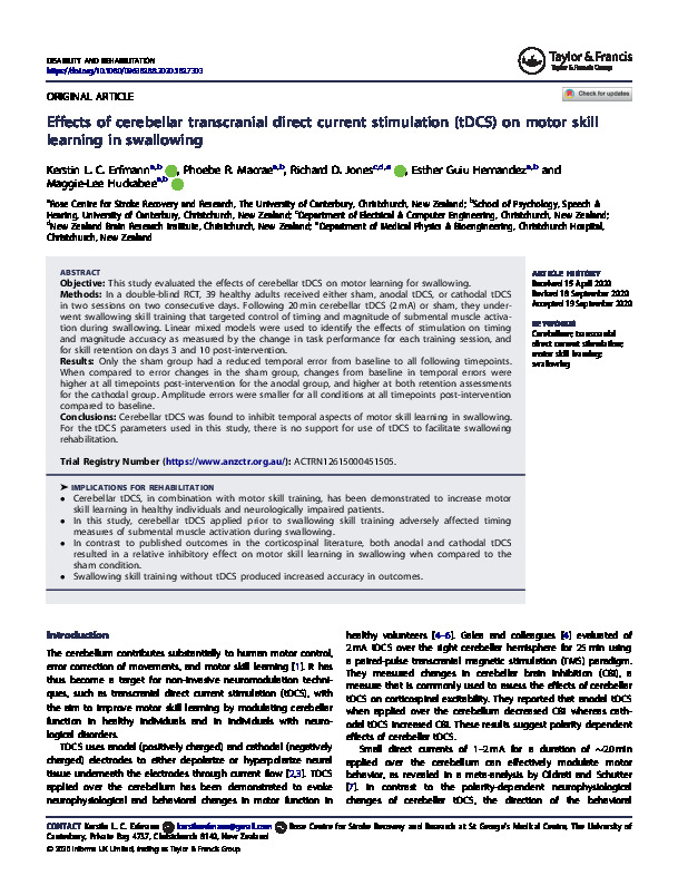 Download Effects of cerebellar transcranial direct current stimulation (tDCS) on motor skill learning in swallowing.