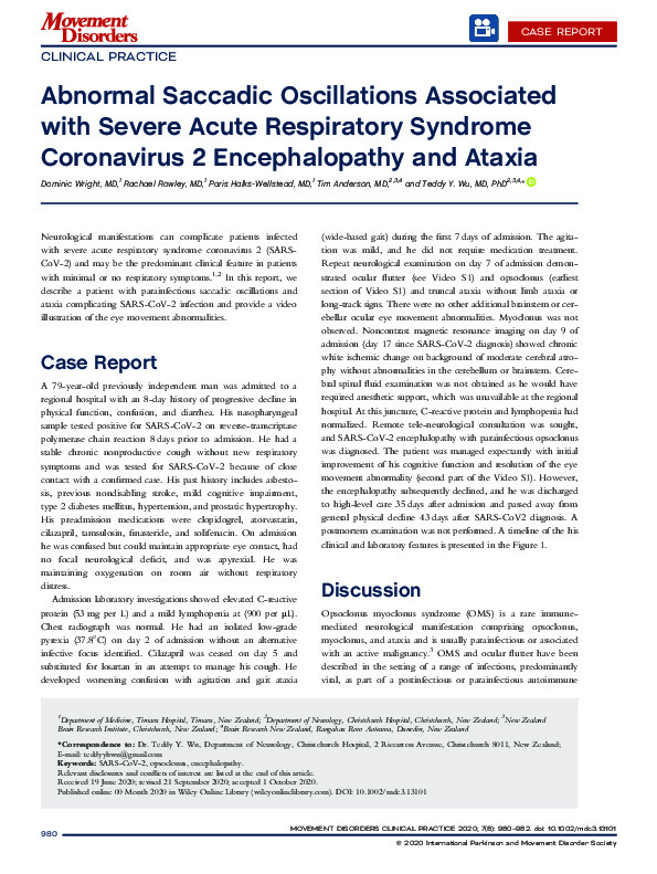 Download Abnormal saccadic oscillations associated with SARS‐CoV‐2 encephalopathy and ataxia.