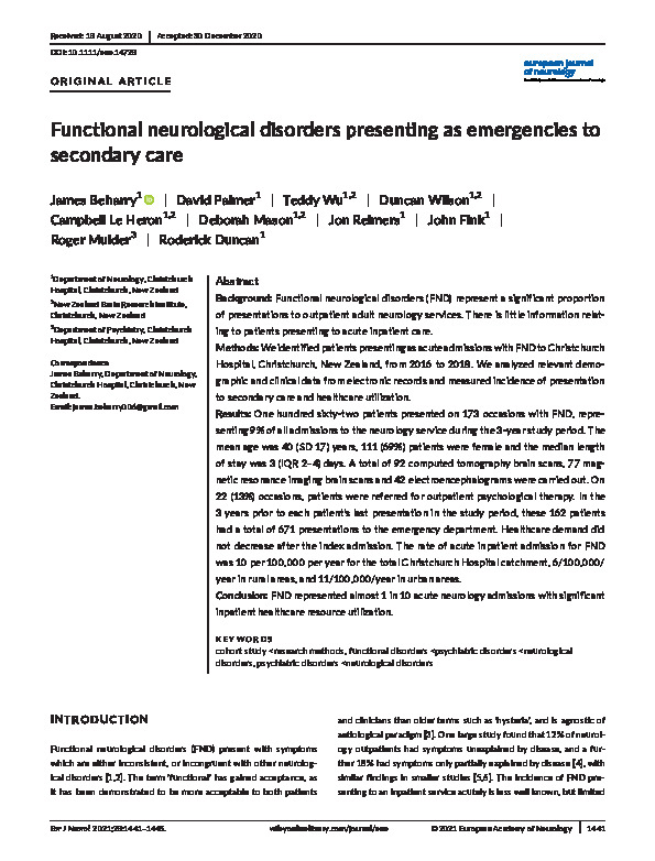 Download Functional neurological disorders presenting as emergencies to secondary care.