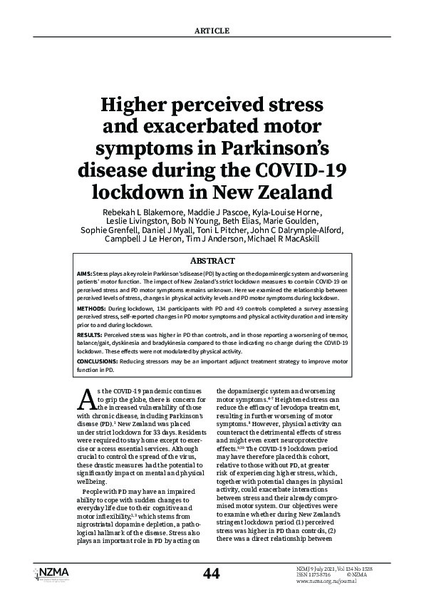 Download Higher perceived stress and exacerbated motor symptoms in Parkinson's disease during the COVID-19 lockdown in New Zealand.