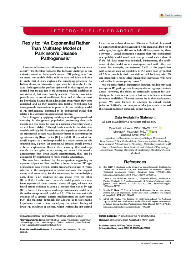 Download Reply to: “An Exponential Rather Than Multistep Model of Parkinson’s Disease Pathogenesis”.