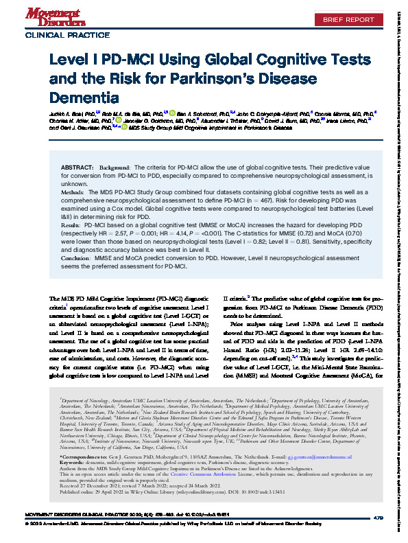 Download Level I PD‐MCI using global cognitive tests and the risk for Parkinson’s disease dementia.