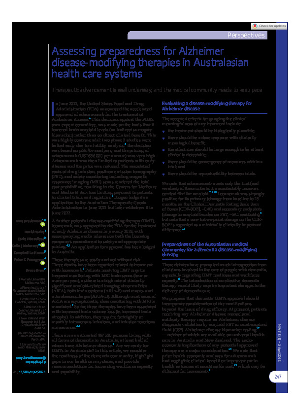 Download Assessing preparedness for Alzheimer disease‐modifying therapies in Australasian health care systems.